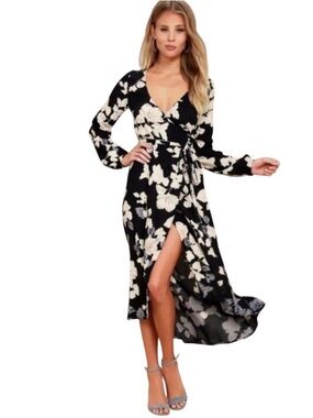 Billabong Floral Fever Dress, a women's black floral print wrap maxi dress.